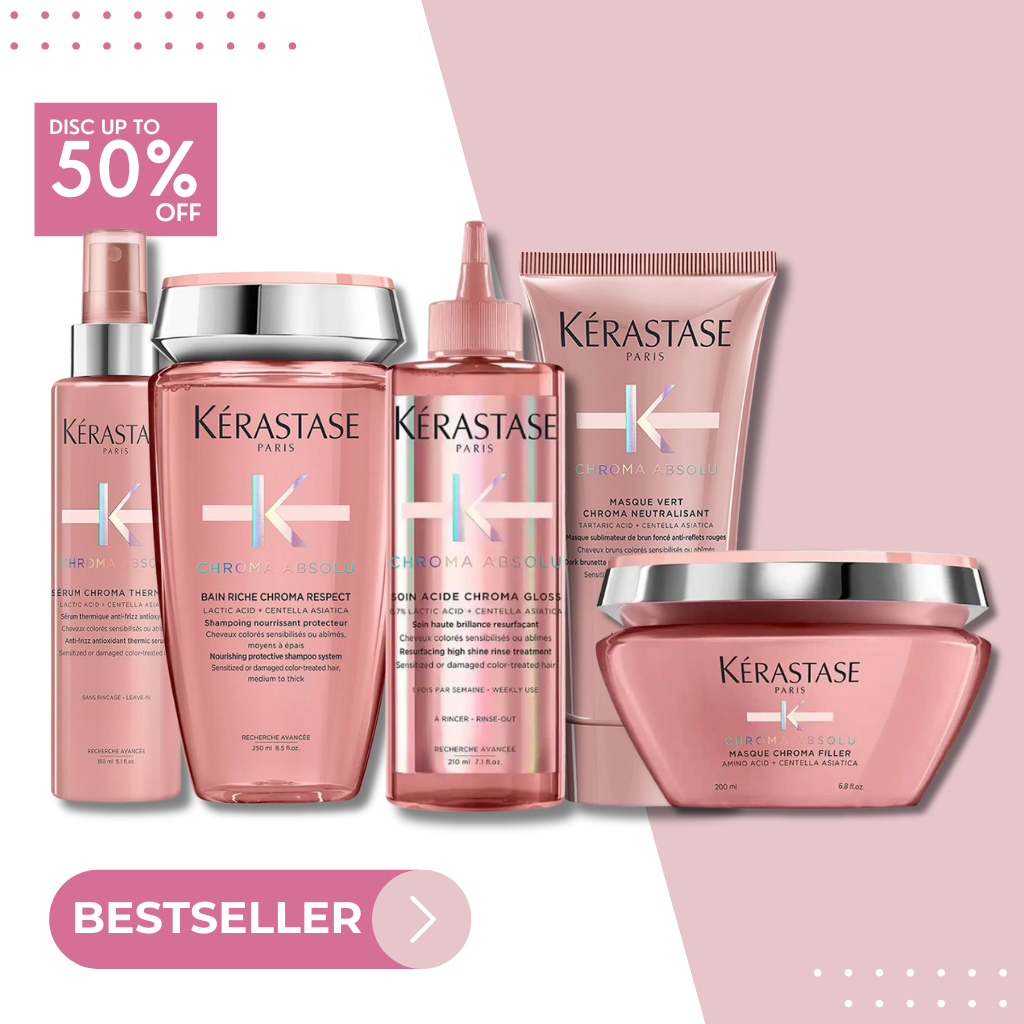 Set 5 Kérastase Chroma Absolu: Soin Acide Chroma Gloss + Bain Riche Chroma Respect + Masque Chroma Filler + Chroma Absolu Thermique + Masque Vert Chroma Neutralisant