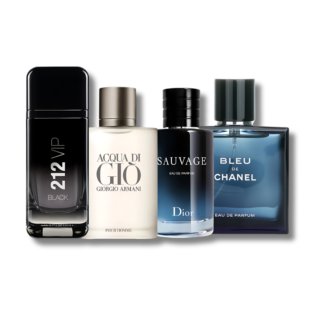 Set 4 Perfumes Giorgio Armani, 212 VIP Black, Sauvage & Bleu de Chanel 100ml